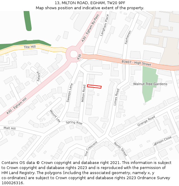 13, MILTON ROAD, EGHAM, TW20 9PF: Location map and indicative extent of plot