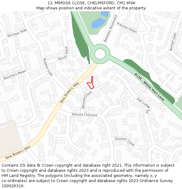 13, MIMOSA CLOSE, CHELMSFORD, CM1 6NW: Location map and indicative extent of plot