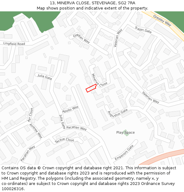13, MINERVA CLOSE, STEVENAGE, SG2 7RA: Location map and indicative extent of plot