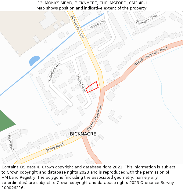 13, MONKS MEAD, BICKNACRE, CHELMSFORD, CM3 4EU: Location map and indicative extent of plot