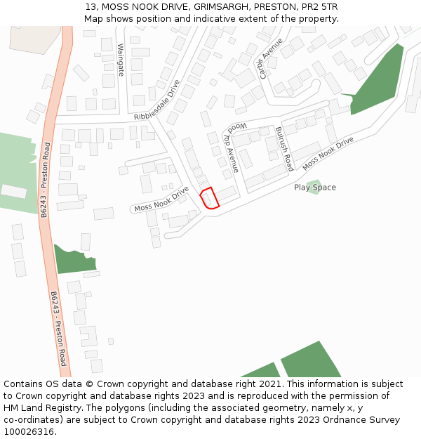 13, MOSS NOOK DRIVE, GRIMSARGH, PRESTON, PR2 5TR: Location map and indicative extent of plot