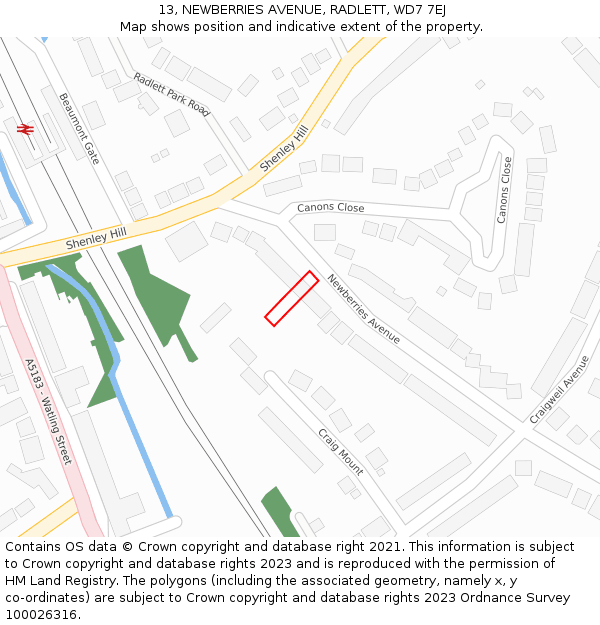 13, NEWBERRIES AVENUE, RADLETT, WD7 7EJ: Location map and indicative extent of plot