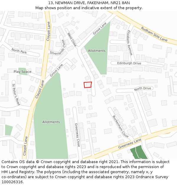 13, NEWMAN DRIVE, FAKENHAM, NR21 8AN: Location map and indicative extent of plot
