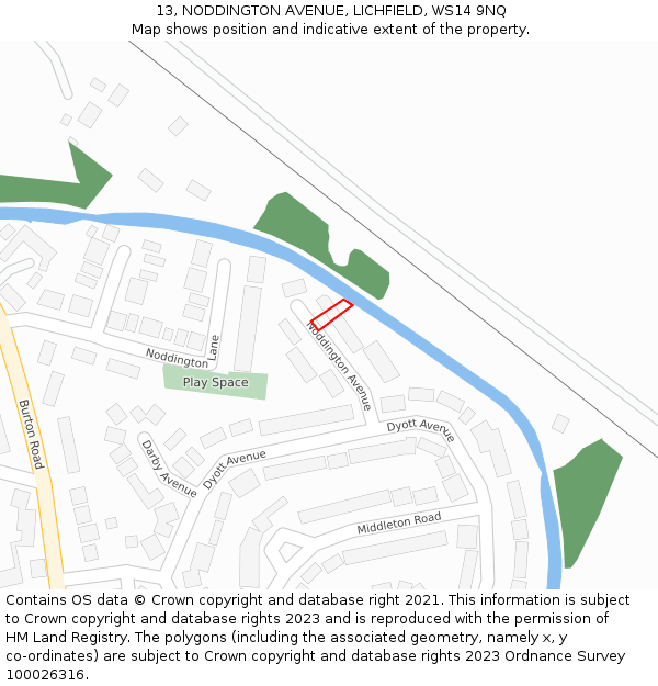 13, NODDINGTON AVENUE, LICHFIELD, WS14 9NQ: Location map and indicative extent of plot