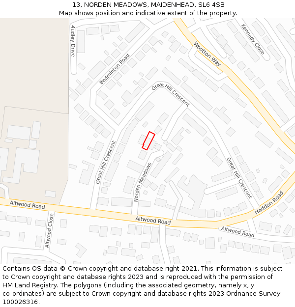 13, NORDEN MEADOWS, MAIDENHEAD, SL6 4SB: Location map and indicative extent of plot