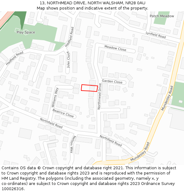 13, NORTHMEAD DRIVE, NORTH WALSHAM, NR28 0AU: Location map and indicative extent of plot
