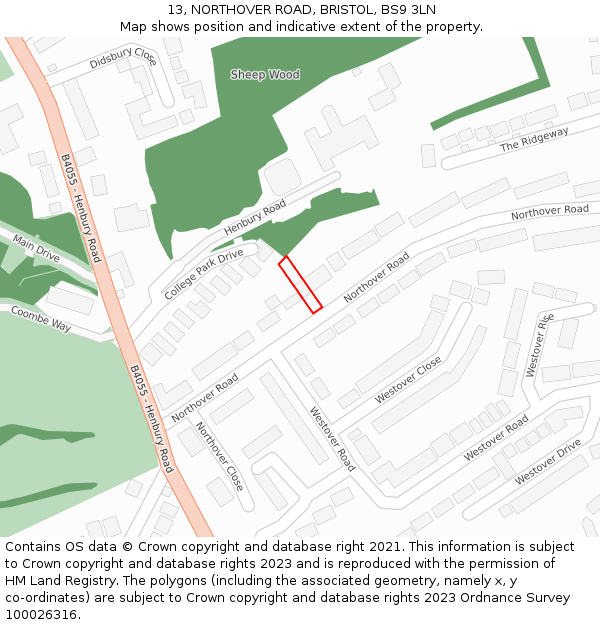 13, NORTHOVER ROAD, BRISTOL, BS9 3LN: Location map and indicative extent of plot