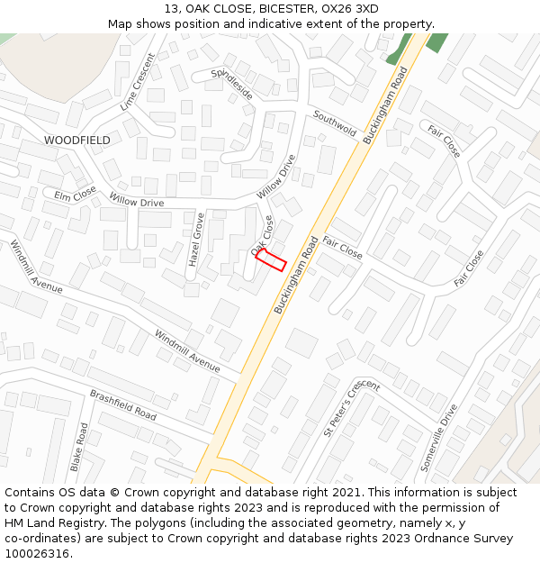 13, OAK CLOSE, BICESTER, OX26 3XD: Location map and indicative extent of plot