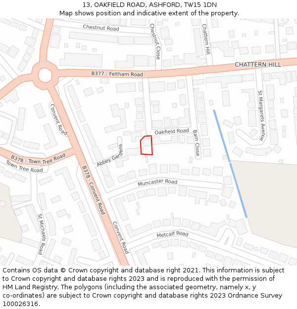 13, OAKFIELD ROAD, ASHFORD, TW15 1DN: Location map and indicative extent of plot