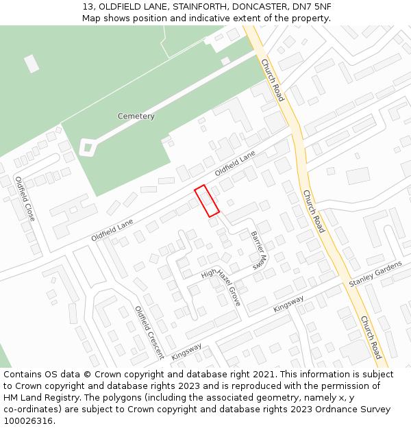 13, OLDFIELD LANE, STAINFORTH, DONCASTER, DN7 5NF: Location map and indicative extent of plot