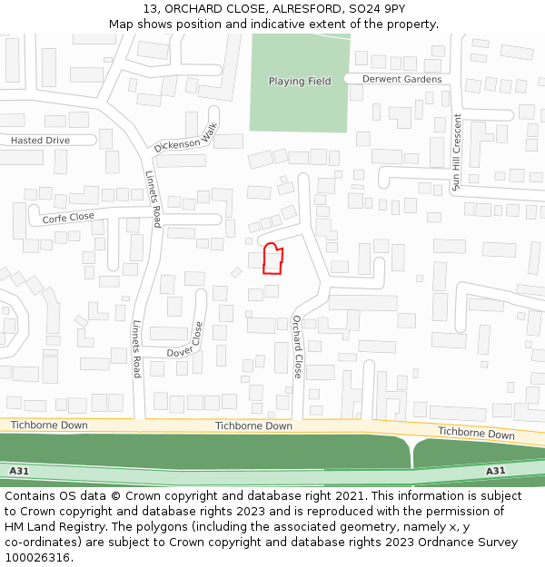 13, ORCHARD CLOSE, ALRESFORD, SO24 9PY: Location map and indicative extent of plot