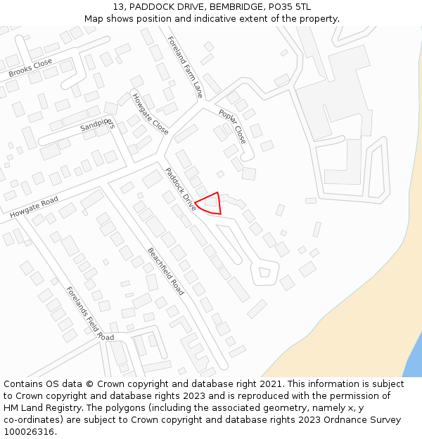 13, PADDOCK DRIVE, BEMBRIDGE, PO35 5TL: Location map and indicative extent of plot