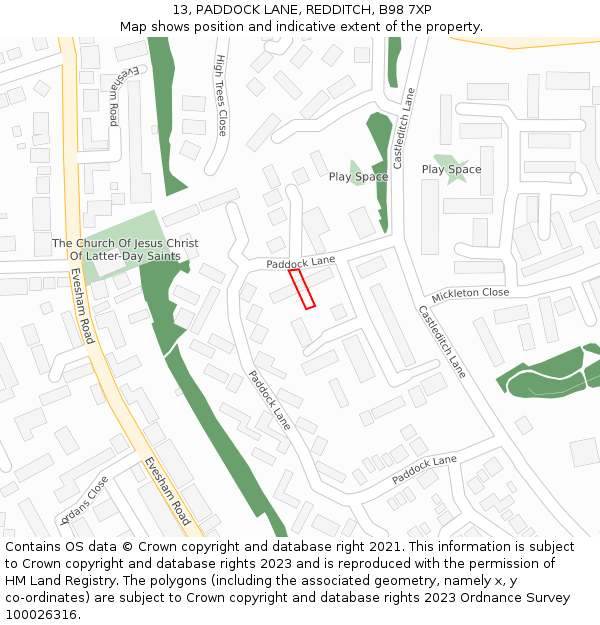 13, PADDOCK LANE, REDDITCH, B98 7XP: Location map and indicative extent of plot