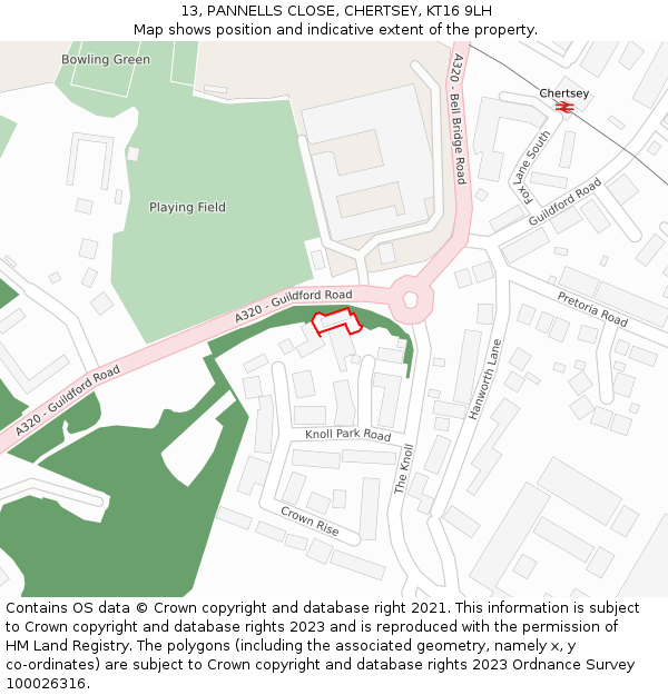13, PANNELLS CLOSE, CHERTSEY, KT16 9LH: Location map and indicative extent of plot