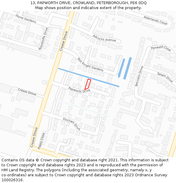 13, PAPWORTH DRIVE, CROWLAND, PETERBOROUGH, PE6 0DQ: Location map and indicative extent of plot