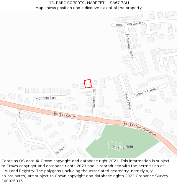13, PARC ROBERTS, NARBERTH, SA67 7AH: Location map and indicative extent of plot