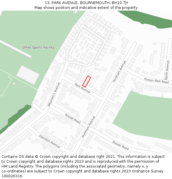 13, PARK AVENUE, BOURNEMOUTH, BH10 7JY: Location map and indicative extent of plot