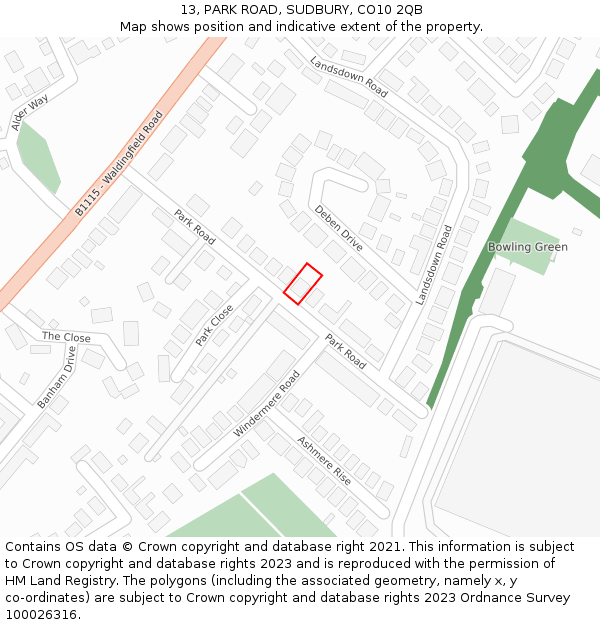 13, PARK ROAD, SUDBURY, CO10 2QB: Location map and indicative extent of plot