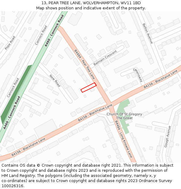 13, PEAR TREE LANE, WOLVERHAMPTON, WV11 1BD: Location map and indicative extent of plot