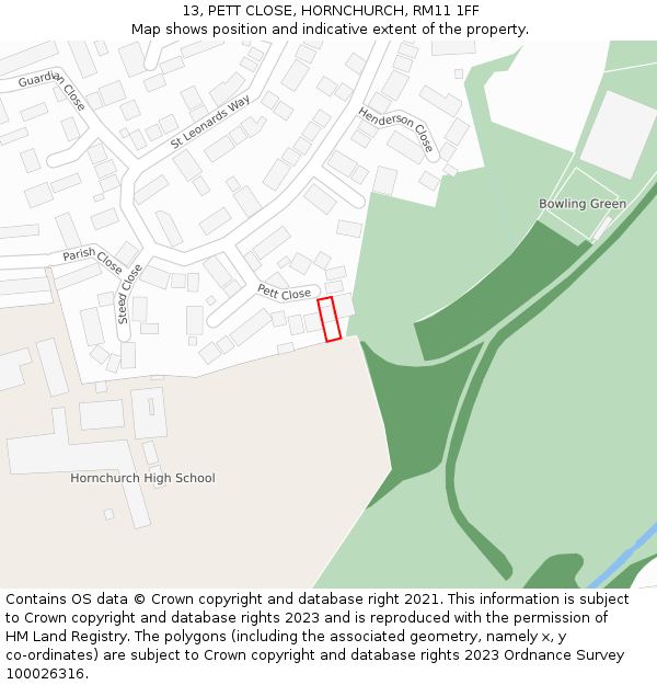13, PETT CLOSE, HORNCHURCH, RM11 1FF: Location map and indicative extent of plot