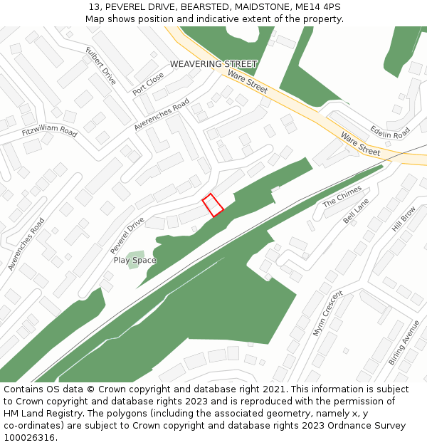 13, PEVEREL DRIVE, BEARSTED, MAIDSTONE, ME14 4PS: Location map and indicative extent of plot