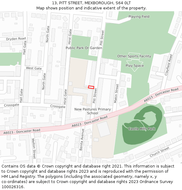 13, PITT STREET, MEXBOROUGH, S64 0LT: Location map and indicative extent of plot