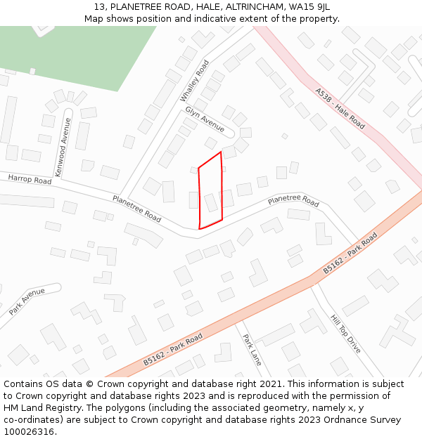 13, PLANETREE ROAD, HALE, ALTRINCHAM, WA15 9JL: Location map and indicative extent of plot