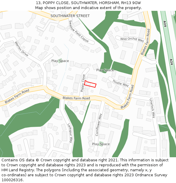 13, POPPY CLOSE, SOUTHWATER, HORSHAM, RH13 9GW: Location map and indicative extent of plot