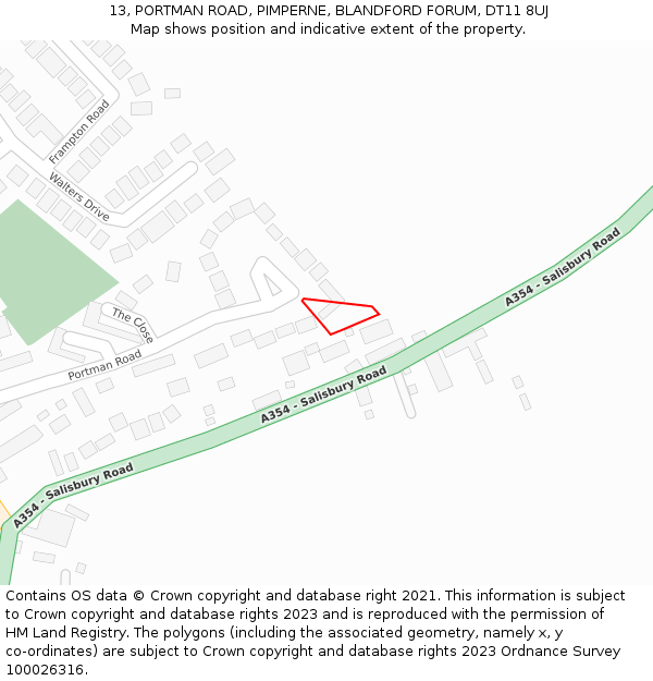 13, PORTMAN ROAD, PIMPERNE, BLANDFORD FORUM, DT11 8UJ: Location map and indicative extent of plot