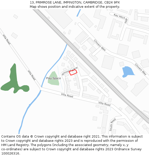 13, PRIMROSE LANE, IMPINGTON, CAMBRIDGE, CB24 9PX: Location map and indicative extent of plot