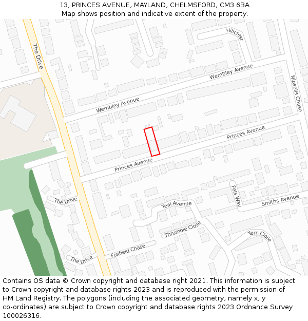 13, PRINCES AVENUE, MAYLAND, CHELMSFORD, CM3 6BA: Location map and indicative extent of plot