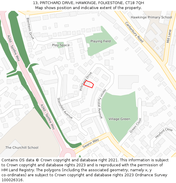 13, PRITCHARD DRIVE, HAWKINGE, FOLKESTONE, CT18 7QH: Location map and indicative extent of plot