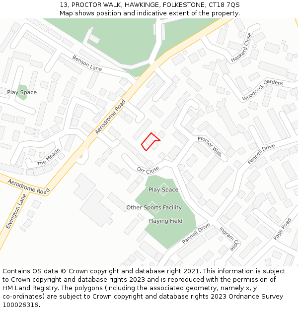 13, PROCTOR WALK, HAWKINGE, FOLKESTONE, CT18 7QS: Location map and indicative extent of plot