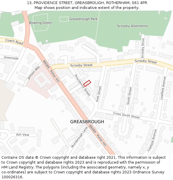 13, PROVIDENCE STREET, GREASBROUGH, ROTHERHAM, S61 4PR: Location map and indicative extent of plot