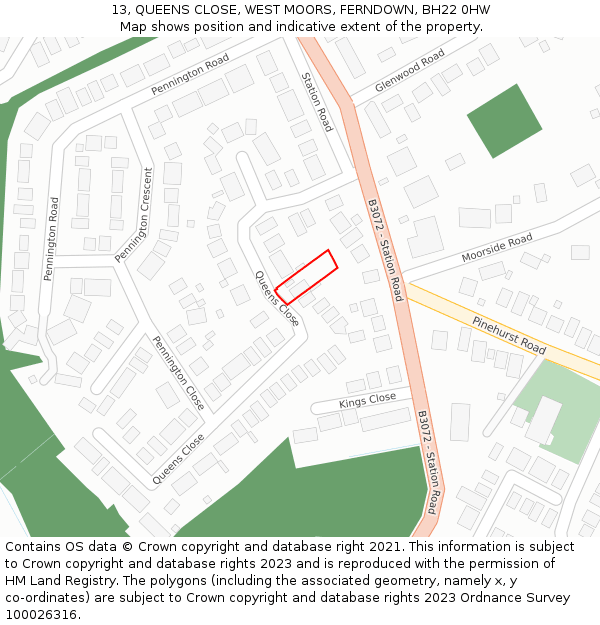 13, QUEENS CLOSE, WEST MOORS, FERNDOWN, BH22 0HW: Location map and indicative extent of plot