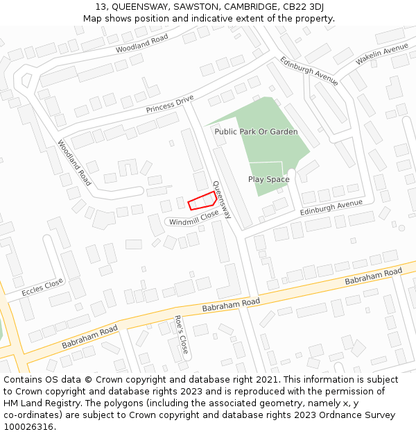 13, QUEENSWAY, SAWSTON, CAMBRIDGE, CB22 3DJ: Location map and indicative extent of plot