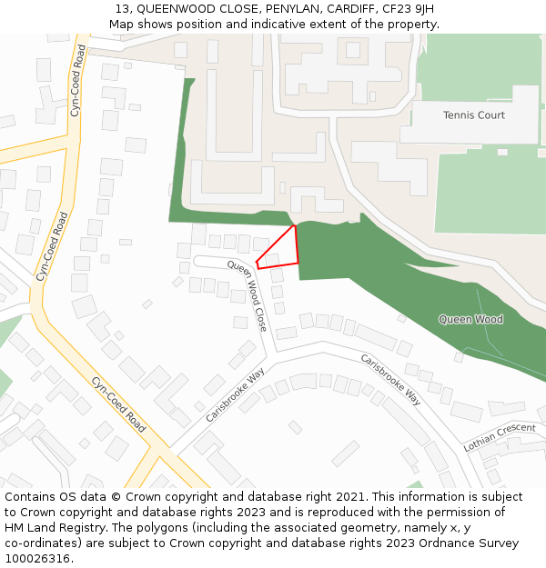 13, QUEENWOOD CLOSE, PENYLAN, CARDIFF, CF23 9JH: Location map and indicative extent of plot