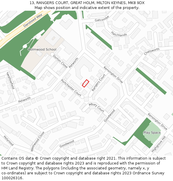 13, RANGERS COURT, GREAT HOLM, MILTON KEYNES, MK8 9DX: Location map and indicative extent of plot