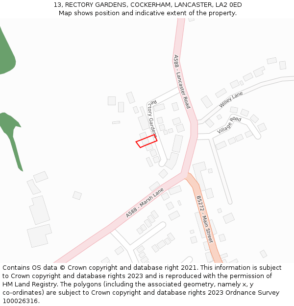 13, RECTORY GARDENS, COCKERHAM, LANCASTER, LA2 0ED: Location map and indicative extent of plot