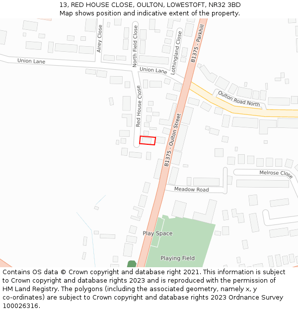 13, RED HOUSE CLOSE, OULTON, LOWESTOFT, NR32 3BD: Location map and indicative extent of plot