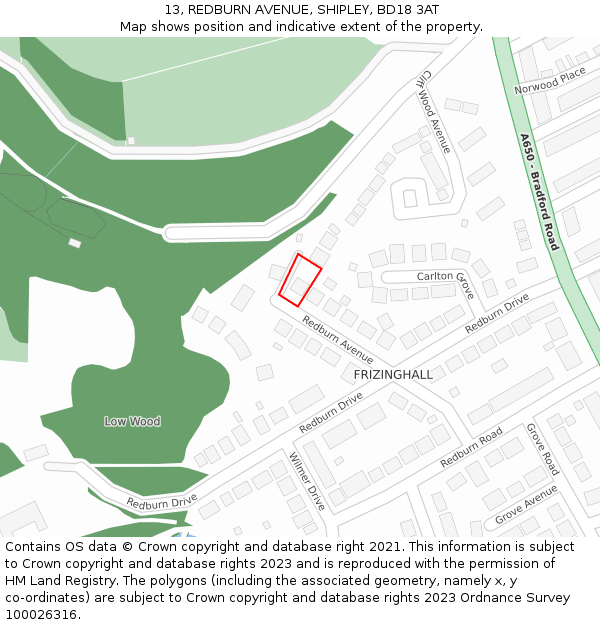 13, REDBURN AVENUE, SHIPLEY, BD18 3AT: Location map and indicative extent of plot