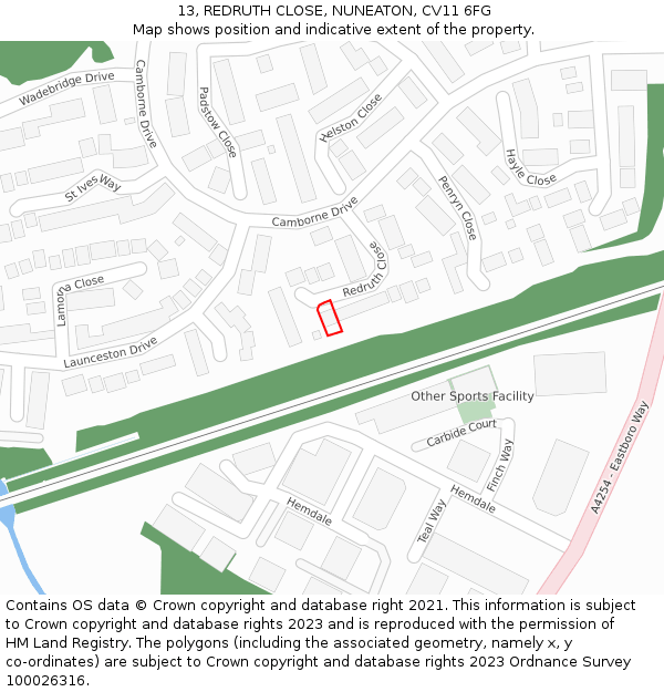 13, REDRUTH CLOSE, NUNEATON, CV11 6FG: Location map and indicative extent of plot