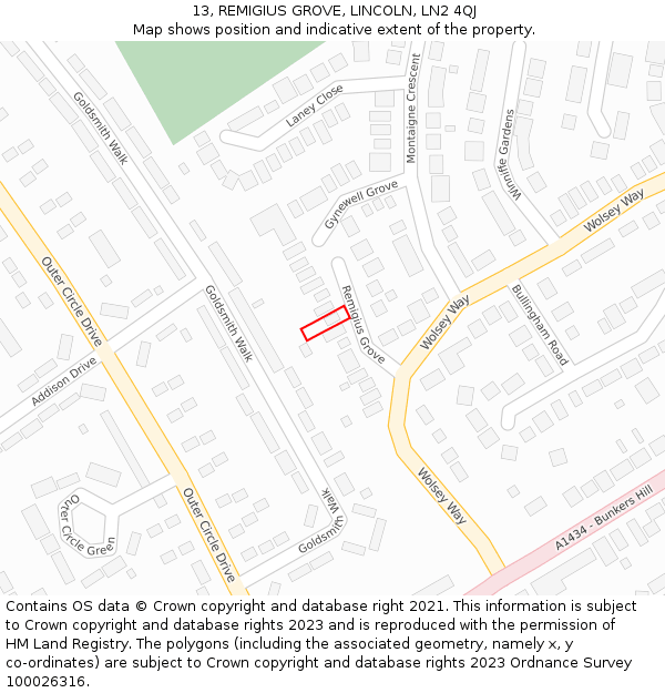 13, REMIGIUS GROVE, LINCOLN, LN2 4QJ: Location map and indicative extent of plot
