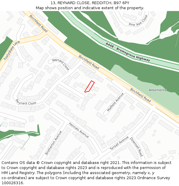 13, REYNARD CLOSE, REDDITCH, B97 6PY: Location map and indicative extent of plot