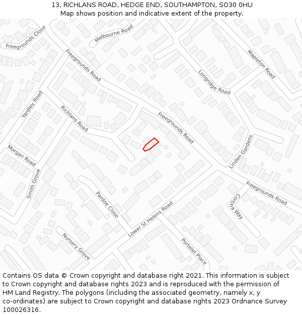 13, RICHLANS ROAD, HEDGE END, SOUTHAMPTON, SO30 0HU: Location map and indicative extent of plot