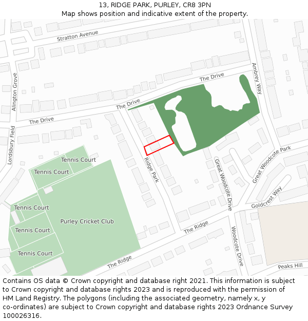 13, RIDGE PARK, PURLEY, CR8 3PN: Location map and indicative extent of plot