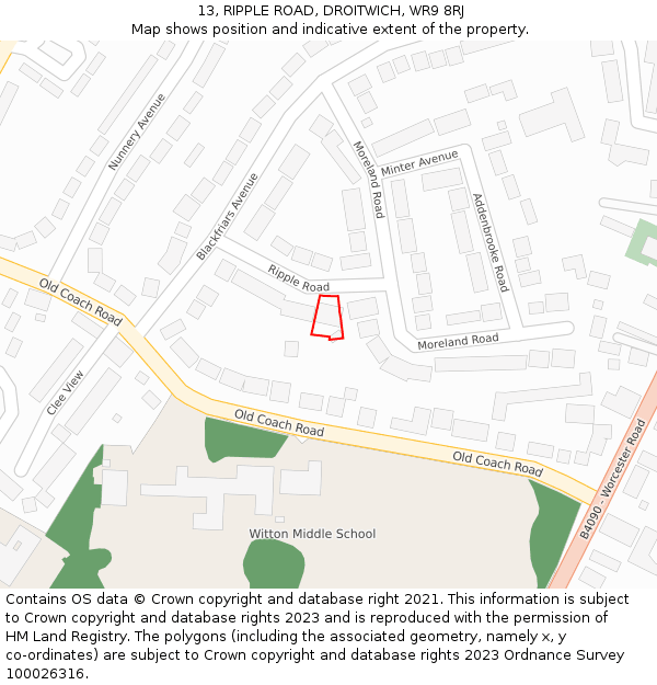 13, RIPPLE ROAD, DROITWICH, WR9 8RJ: Location map and indicative extent of plot
