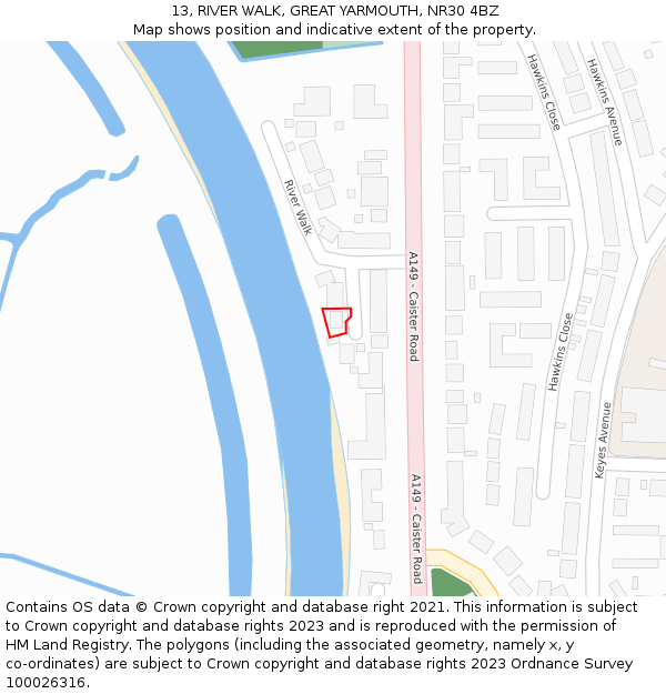 13, RIVER WALK, GREAT YARMOUTH, NR30 4BZ: Location map and indicative extent of plot