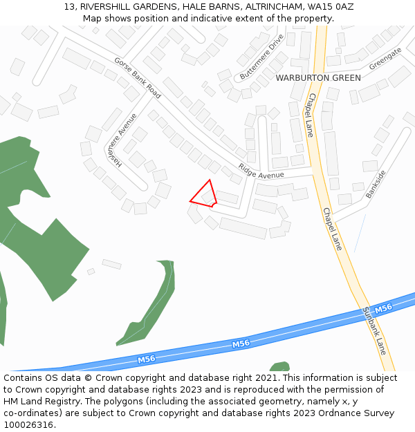 13, RIVERSHILL GARDENS, HALE BARNS, ALTRINCHAM, WA15 0AZ: Location map and indicative extent of plot