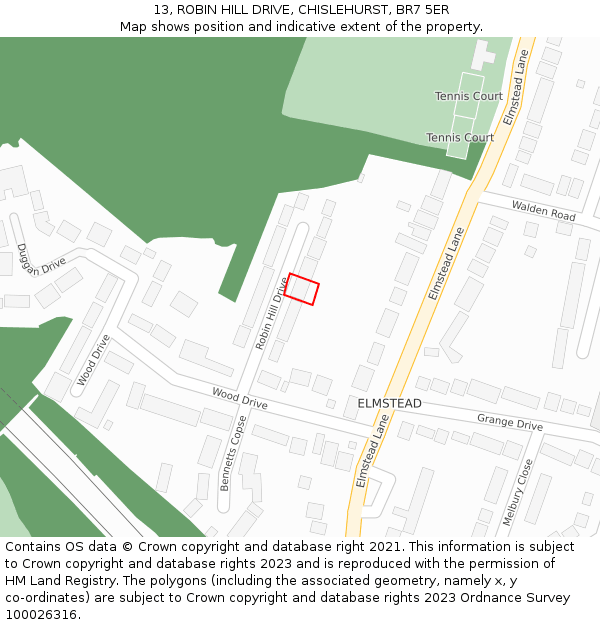 13, ROBIN HILL DRIVE, CHISLEHURST, BR7 5ER: Location map and indicative extent of plot